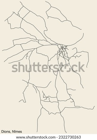 Detailed hand-drawn navigational urban street roads map of the DIONS COMMUNE of the French city of NÎMES, France with vivid road lines and name tag on solid background