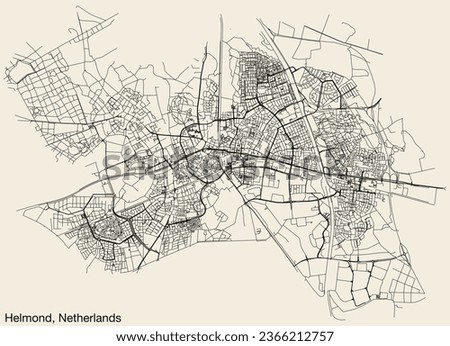 Detailed hand-drawn navigational urban street roads map of the Dutch city of HELMOND, NETHERLANDS with solid road lines and name tag on vintage background
