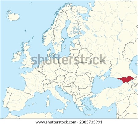 Red CMYK national map of GEORGIA inside detailed beige blank political map of European continent with rivers and lakes on blue background using Mercator projection