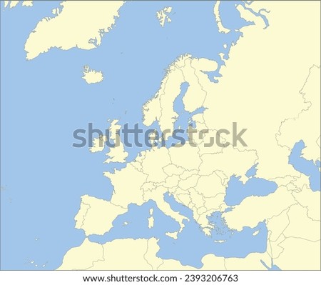 Red CMYK national map of LIECHTENSTEIN inside detailed beige blank political map of European continent on blue background using Mollweide projection