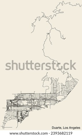 Detailed hand-drawn navigational urban street roads map of the CITY OF DUARTE of the American LOS ANGELES CITY COUNCIL, UNITED STATES with vivid road lines and name tag on solid background