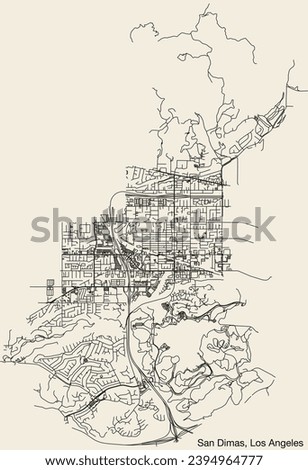 Detailed hand-drawn navigational urban street roads map of the CITY OF SAN DIMAS of the American LOS ANGELES CITY COUNCIL, UNITED STATES with vivid road lines and name tag on solid background
