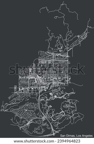 Detailed hand-drawn navigational urban street roads map of the CITY OF SAN DIMAS of the American LOS ANGELES CITY COUNCIL, UNITED STATES with vivid road lines and name tag on solid background