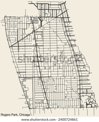 Detailed hand-drawn navigational urban street roads map of the ROGERS PARK COMMUNITY AREA of the American city of CHICAGO, ILLINOIS with vivid road lines and name tag on solid background