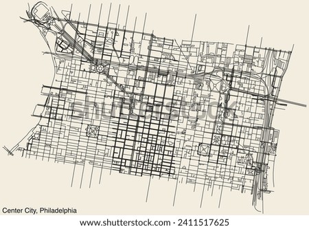 Detailed hand-drawn navigational urban street roads map of the CENTER CITY neighborhood of the American city of PHILADELPHIA, PENNSYLVANIA with vivid road lines and name tag on solid background