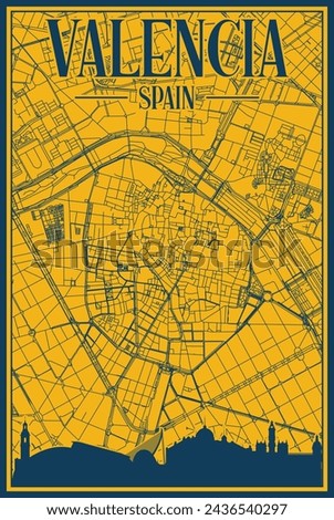 Yellow and blue hand-drawn framed poster of the downtown VALENCIA, SPAIN with highlighted vintage city skyline and lettering