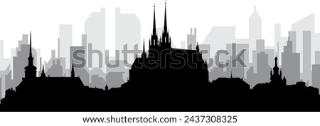 Black cityscape skyline panorama with gray misty city buildings background of BRNO, CZECH REPUBLIC