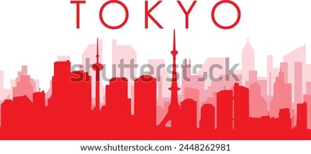 Red panoramic city skyline poster with reddish misty transparent background buildings of TOKYO, JAPAN