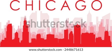 Red panoramic city skyline poster with reddish misty transparent background buildings of CHICAGO, UNITED STATES