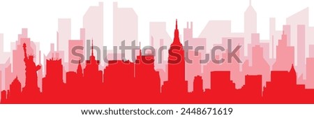 Red panoramic city skyline poster with reddish misty transparent background buildings of NEW YORK, UNITED STATES