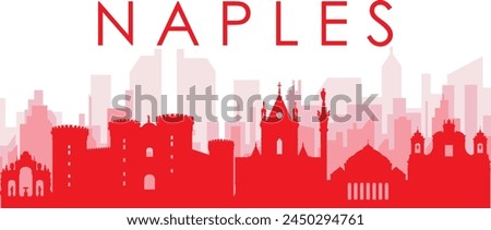 Red panoramic city skyline poster with reddish misty transparent background buildings of NAPLES (NAPOLI), ITALY