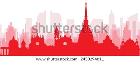 Red panoramic city skyline poster with reddish misty transparent background buildings of TURIN (TORINO), ITALY