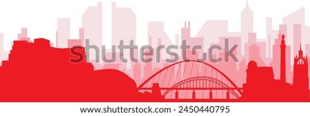 Red panoramic city skyline poster with reddish misty transparent background buildings of NEWCASTLE, UNITED KINGDOM
