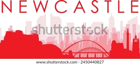 Red panoramic city skyline poster with reddish misty transparent background buildings of NEWCASTLE, UNITED KINGDOM