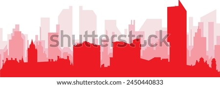 Red panoramic city skyline poster with reddish misty transparent background buildings of MANCHESTER, UNITED KINGDOM