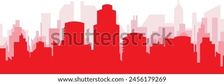 Red panoramic city skyline poster with reddish misty transparent background buildings of HOUSTON, UNITED STATES