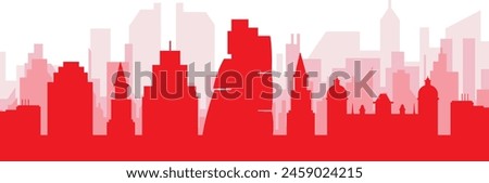 Red panoramic city skyline poster with reddish misty transparent background buildings of LEEDS, UNITED KINGDOM