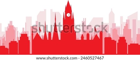 Red panoramic city skyline poster with reddish misty transparent background buildings of MANCHESTER, UNITED KINGDOM