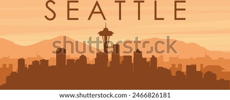 Brown panoramic poster of the city skyline with misty background buildings, sunrise, clouds and mountains of SEATTLE, UNITED STATES