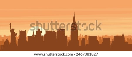 Brown panoramic poster of the city skyline with misty background buildings, sunrise, clouds and mountains of NEW YORK, UNITED STATES