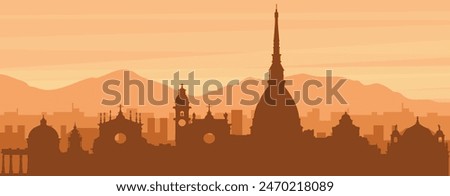 Brown panoramic poster of the city skyline with misty background buildings, sunrise, clouds and mountains of TURIN (TORINO), ITALY