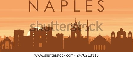 Brown panoramic poster of the city skyline with misty background buildings, sunrise, clouds and mountains of NAPLES (NAPOLI), ITALY