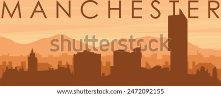 Brown panoramic poster of the city skyline with misty background buildings, sunrise, clouds and mountains of MANCHESTER, UNITED KINGDOM