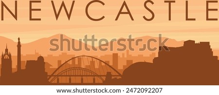 Brown panoramic poster of the city skyline with misty background buildings, sunrise, clouds and mountains of NEWCASTLE, UNITED KINGDOM