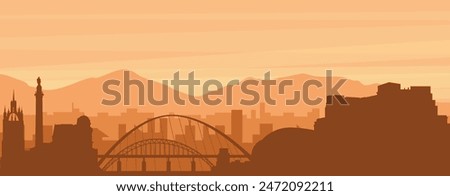 Brown panoramic poster of the city skyline with misty background buildings, sunrise, clouds and mountains of NEWCASTLE, UNITED KINGDOM