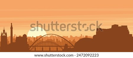 Brown panoramic poster of the city skyline with misty background buildings, sunrise, clouds and mountains of NEWCASTLE, UNITED KINGDOM