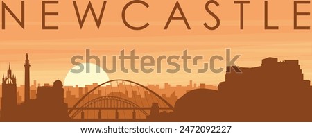 Brown panoramic poster of the city skyline with misty background buildings, sunrise, clouds and mountains of NEWCASTLE, UNITED KINGDOM