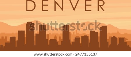 Brown panoramic poster of the city skyline with misty background buildings, sunrise, clouds and mountains of DENVER, UNITED STATES