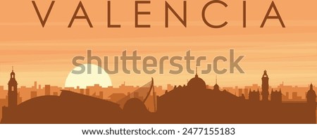 Brown panoramic poster of the city skyline with misty background buildings, sunrise, clouds and mountains of VALENCIA, SPAIN