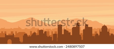 Brown panoramic poster of the city skyline with misty background buildings, sunrise, clouds and mountains of MUMBAI, INDIA