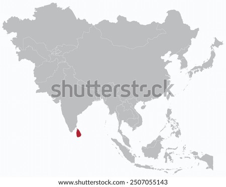 Highlighted map of SRI LANKA inside detailed blank flat political map of the Asian continent on isolated background