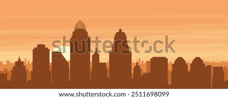 Brown panoramic poster of the city skyline with misty background buildings, sunrise, clouds and mountains of CINCINNATI, UNITED STATES