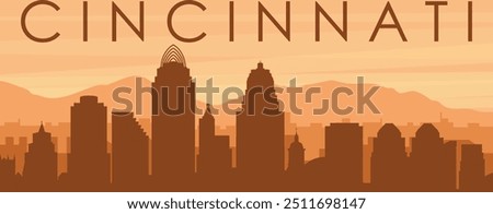 Brown panoramic poster of the city skyline with misty background buildings, sunrise, clouds and mountains of CINCINNATI, UNITED STATES