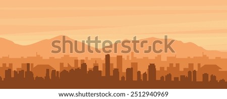 Brown panoramic poster of the city skyline with misty background buildings, sunrise, clouds and mountains of MIAMI, UNITED STATES