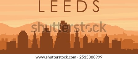 Brown panoramic poster of the city skyline with misty background buildings, sunrise, clouds and mountains of LEEDS, UNITED KINGDOM