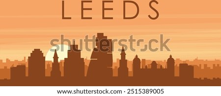 Brown panoramic poster of the city skyline with misty background buildings, sunrise, clouds and mountains of LEEDS, UNITED KINGDOM