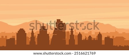 Brown panoramic poster of the city skyline with misty background buildings, sunrise, clouds and mountains of LEEDS, UNITED KINGDOM