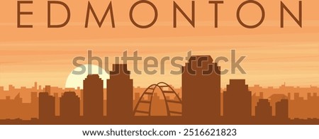 Brown panoramic poster of the city skyline with misty background buildings, sunrise, clouds and mountains of EDMONTON, CANADA