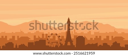 Brown panoramic poster of the city skyline with misty background buildings, sunrise, clouds and mountains of LAS VEGAS, UNITED STATES