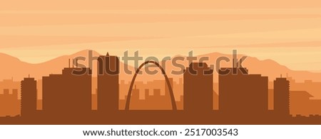 Brown panoramic poster of the city skyline with misty background buildings, sunrise, clouds and mountains of ST. LOUIS, UNITED STATES