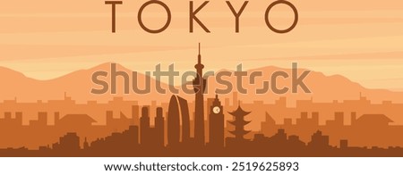 Brown panoramic poster of the city skyline with misty background buildings, sunrise, clouds and mountains of TOKYO, JAPAN