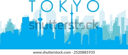 Blue panoramic city skyline poster with bluish misty transparent background buildings of TOKYO, JAPAN