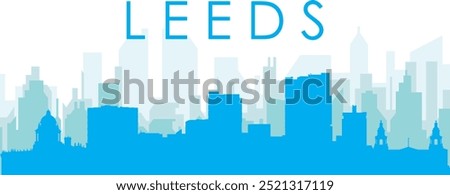 Blue panoramic city skyline poster with bluish misty transparent background buildings of LEEDS, UNITED KINGDOM