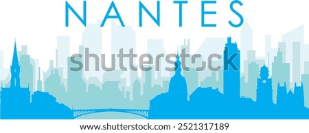 Blue panoramic city skyline poster with bluish misty transparent background buildings of NANTES, FRANCE