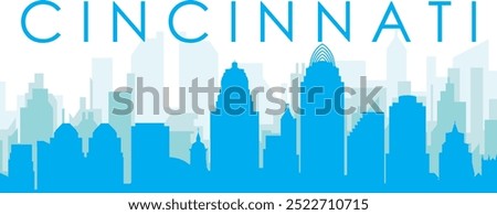 Blue panoramic city skyline poster with bluish misty transparent background buildings of CINCINNATI, UNITED STATES