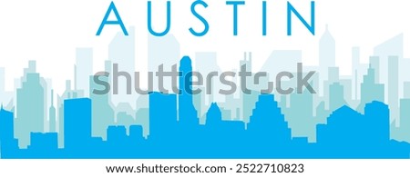 Blue panoramic city skyline poster with bluish misty transparent background buildings of AUSTIN, UNITED STATES